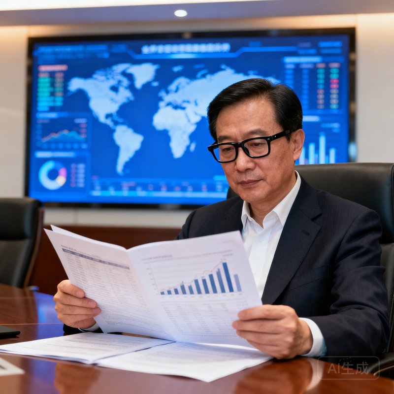 太阳集团tyc首席财务官周明远先生，48岁，戴黑框眼镜，在会议室中翻阅财报文件，背景为显示全球业务数据大屏
